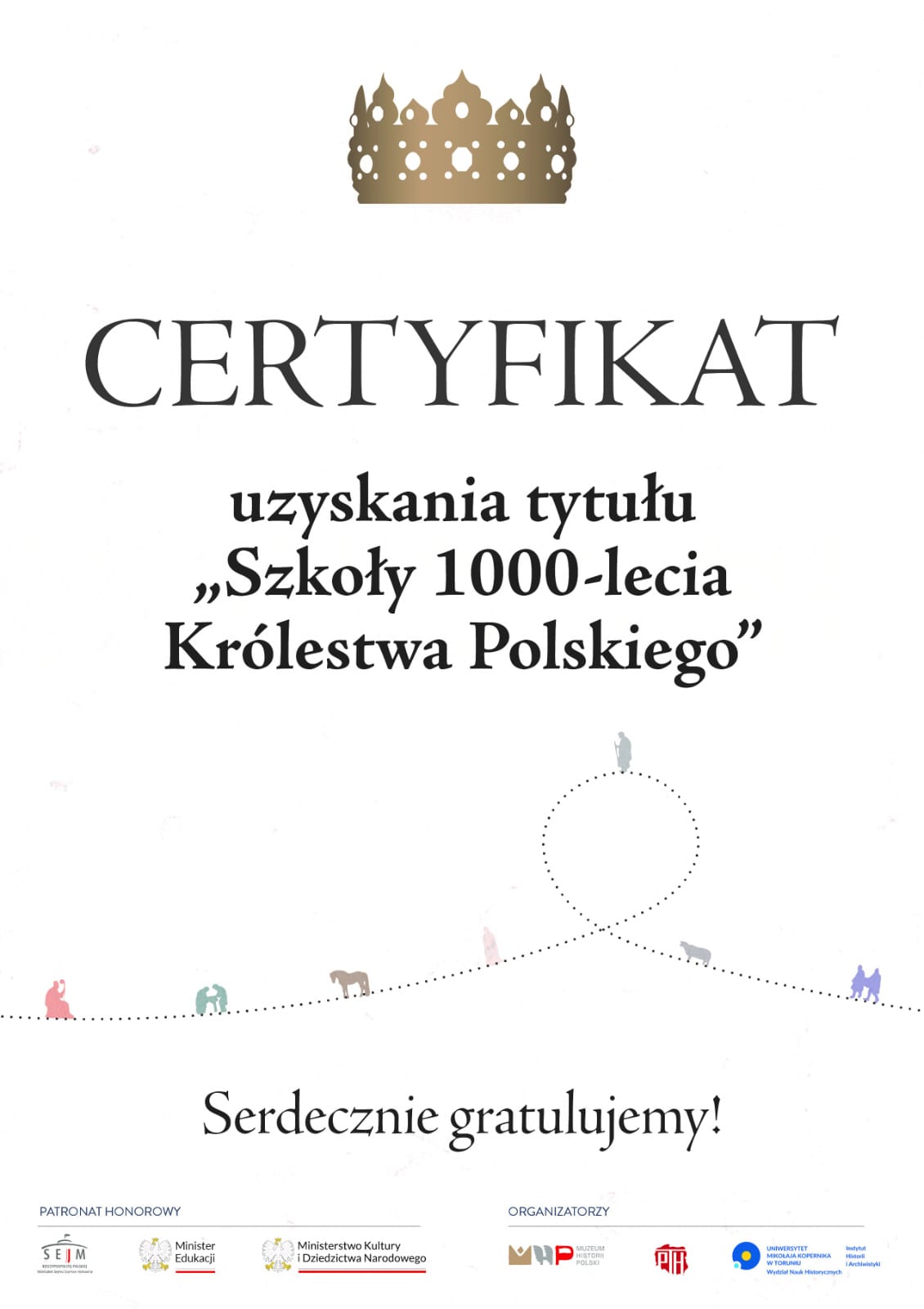 Zdjęcie certyfikatu z napisem certyfikat Szkoły 1000-lecia Królestwa Polskiego